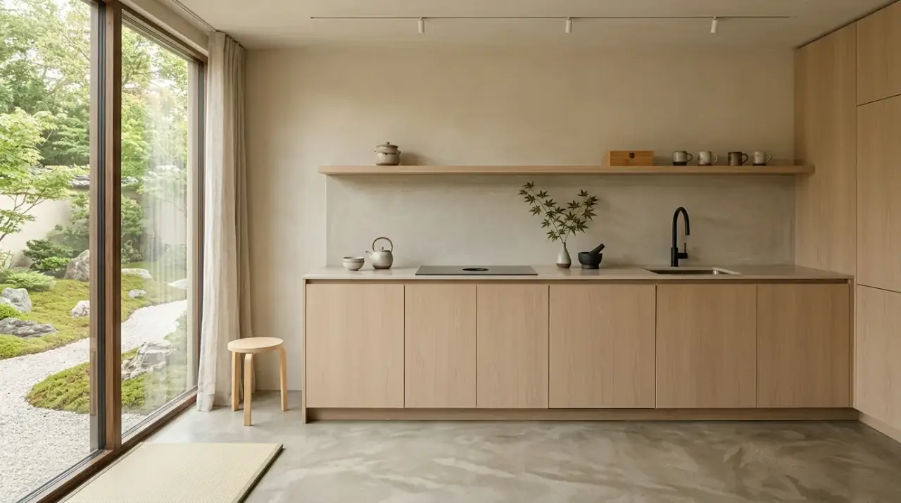Clean Japandi cabinetry. Zen Japandi kitchen with simple cabinet fronts and quiet lines.