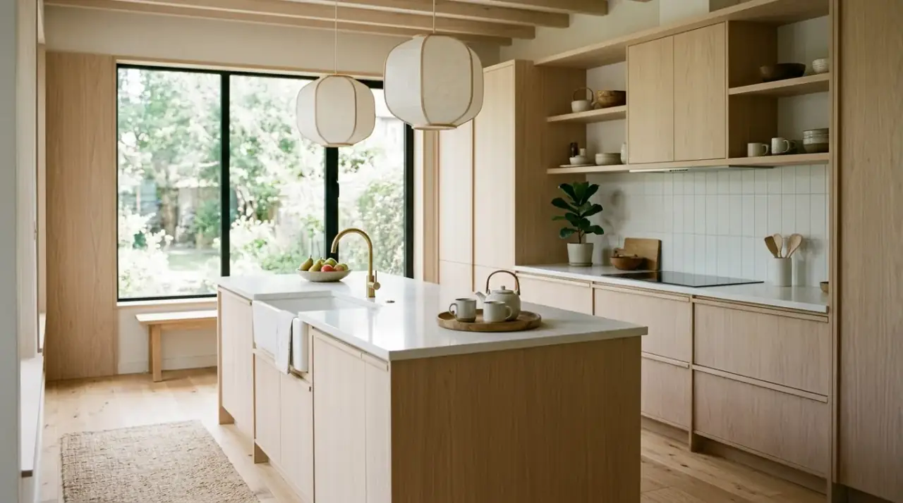 Japandi open display. Minimalist Japandi kitchen using carefully edited open display.