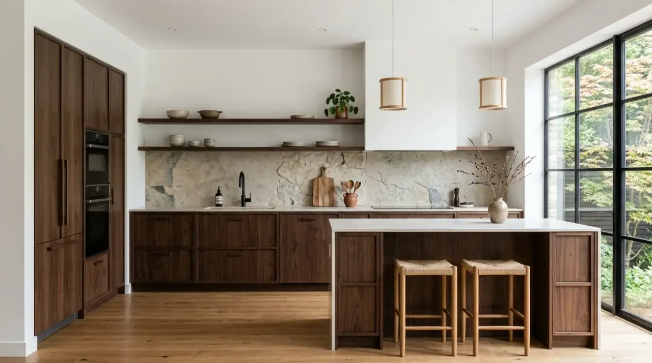 Matte Japandi kitchen finishes. Zen Japandi kitchen using low-sheen matte finishes for calm.