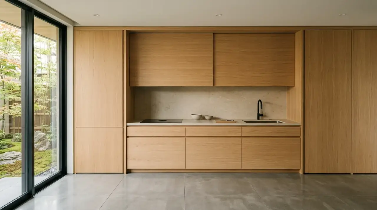 Daylight in Japandi kitchen. Zen kitchen with abundant natural light supporting a Japandi atmosphere.