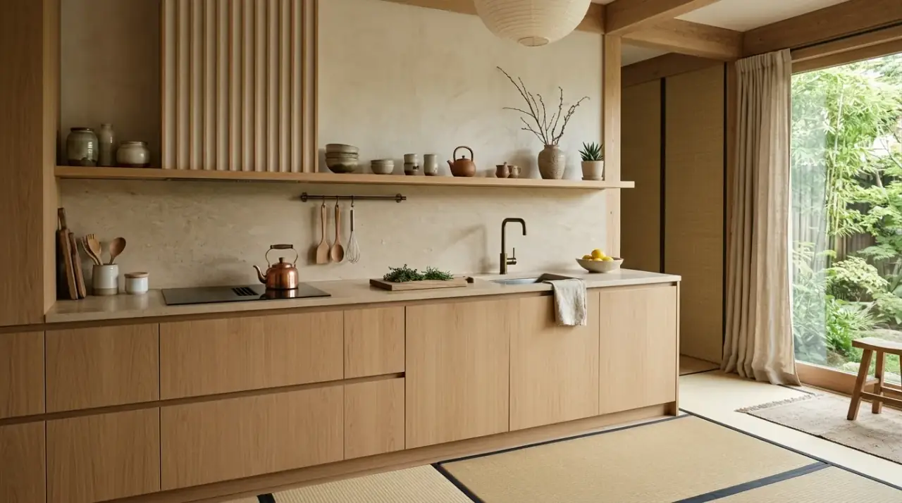 Black accents Japandi kitchen. Calm Japandi kitchen using restrained black accents for definition.