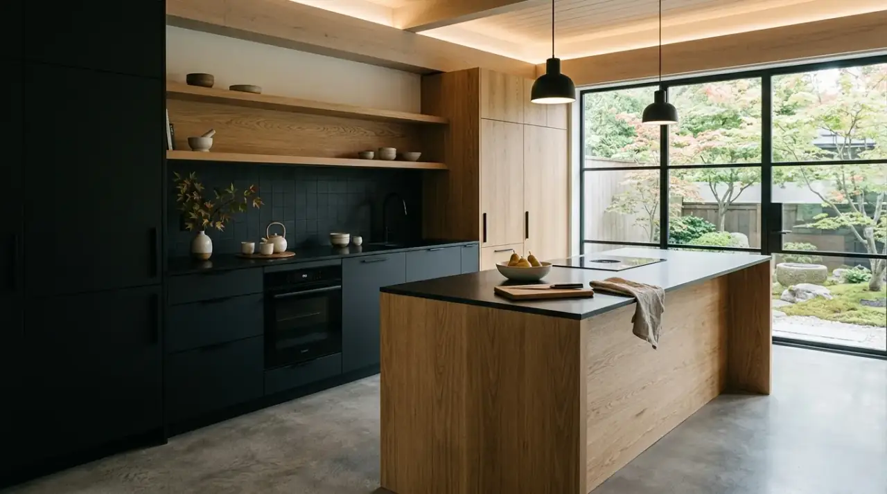 Handmade ceramics Japandi kitchen. Zen Japandi kitchen styled with handmade ceramics and tactile objects.