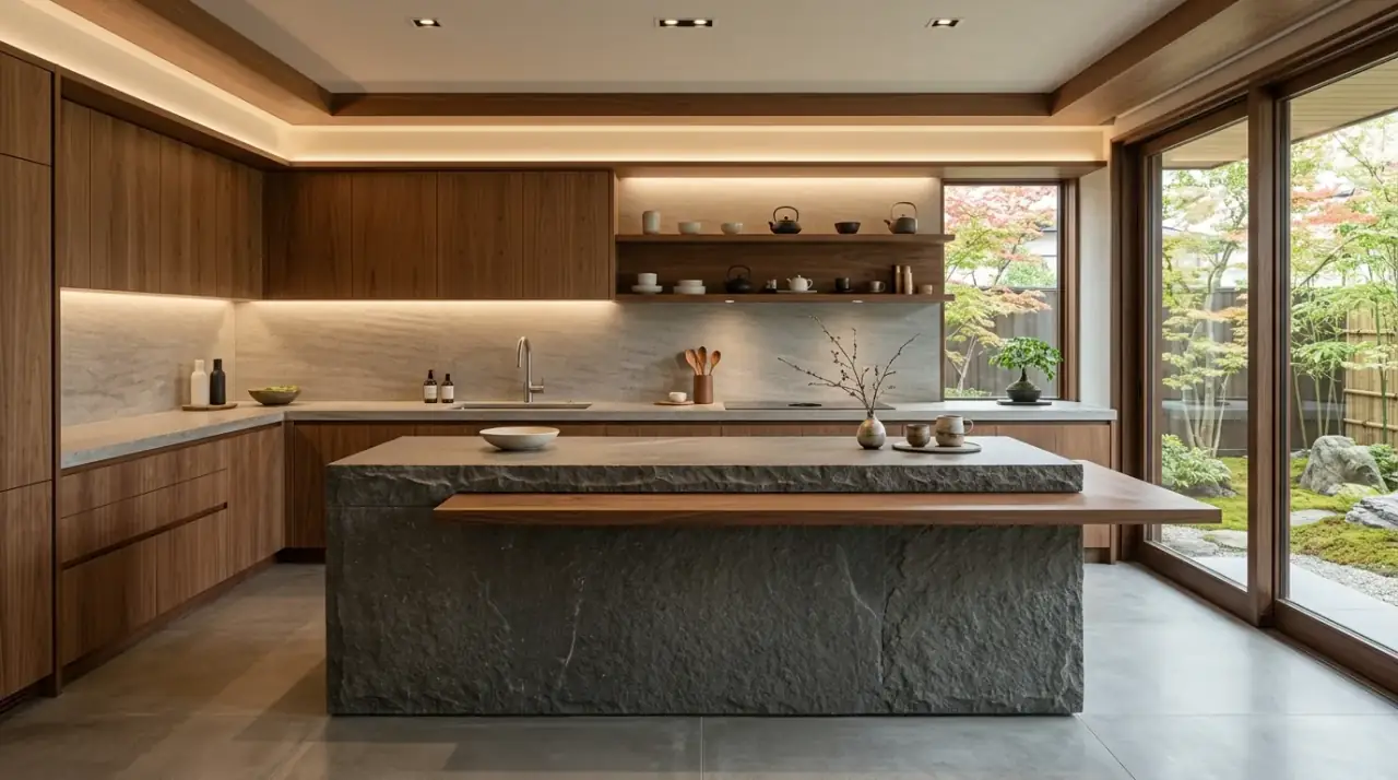 Quiet stone Japandi kitchen. Zen Japandi kitchen using subtle stone surfaces with gentle movement.