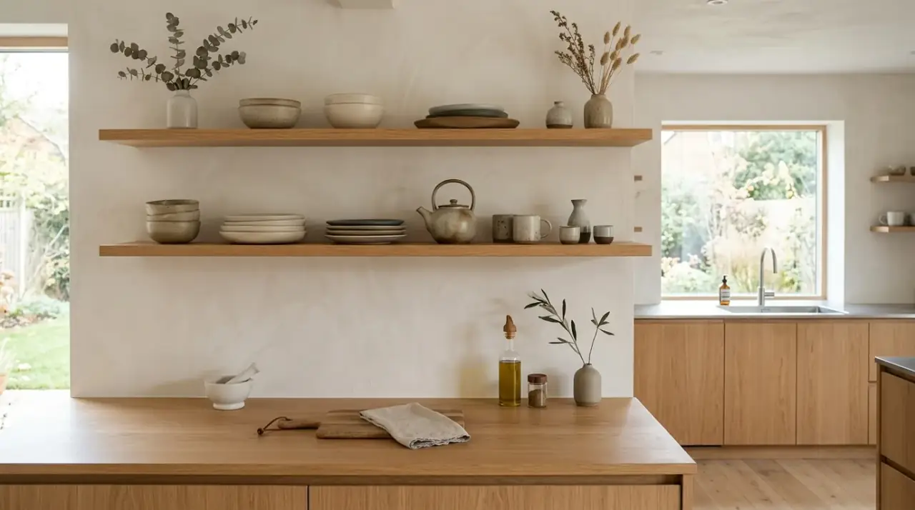 Hidden storage Japandi kitchen. Minimalist Japandi kitchen with concealed storage and visual calm.