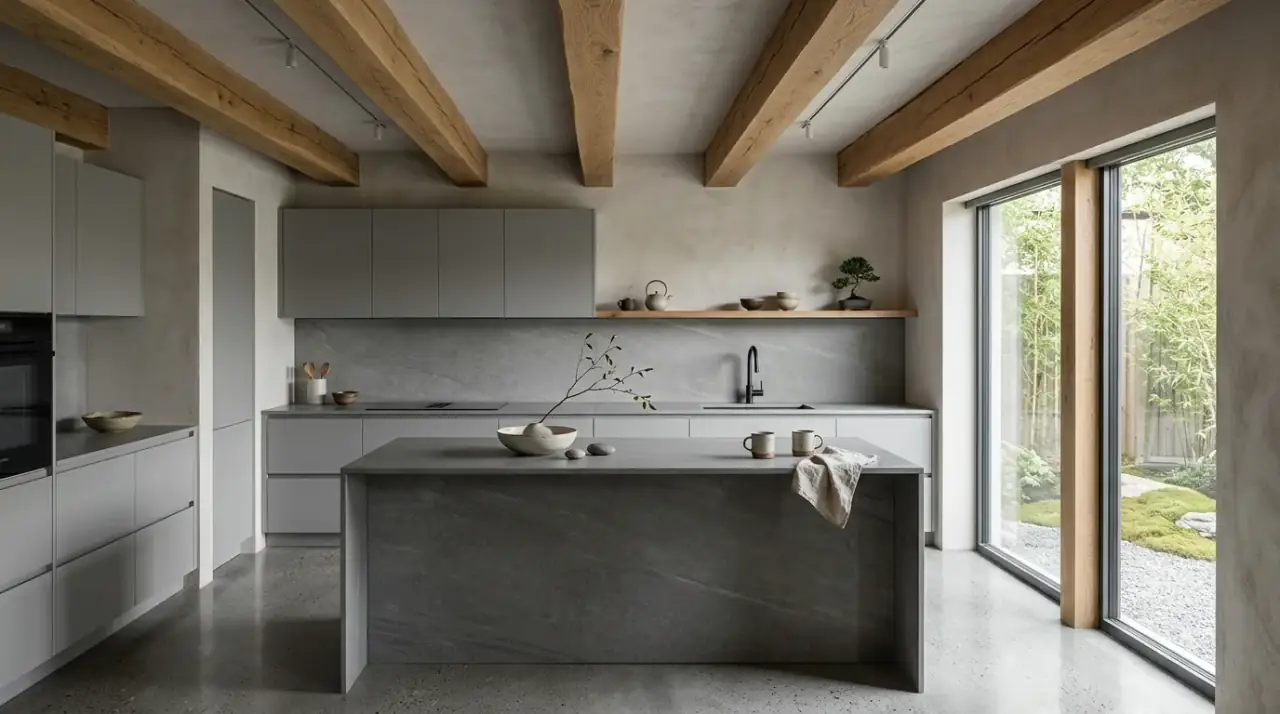 Natural element Japandi kitchen. Zen Japandi kitchen softened with one natural living accent.