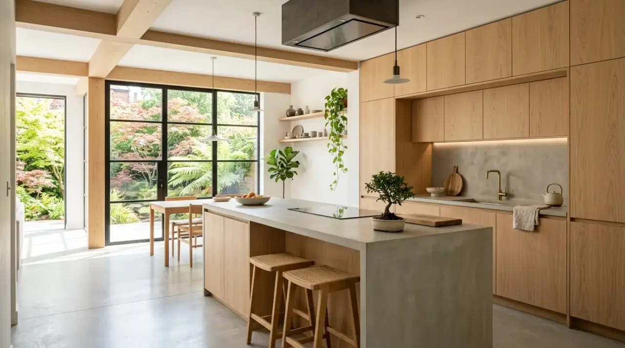 Japandi kitchen overview. Zen Japandi kitchen blending calm minimalism with warmth and function.
